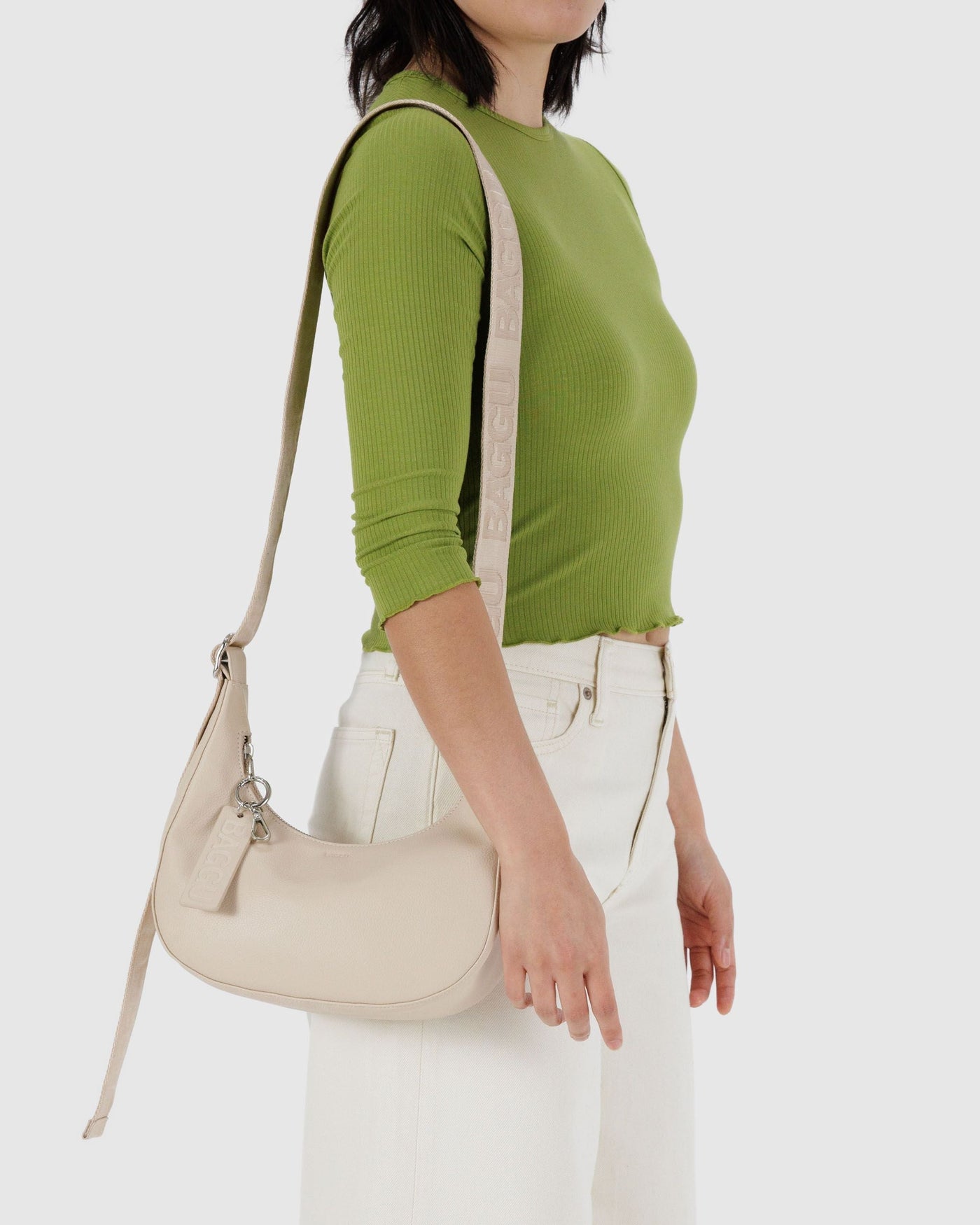 Small Recycled Leather Crescent Bag - Stone